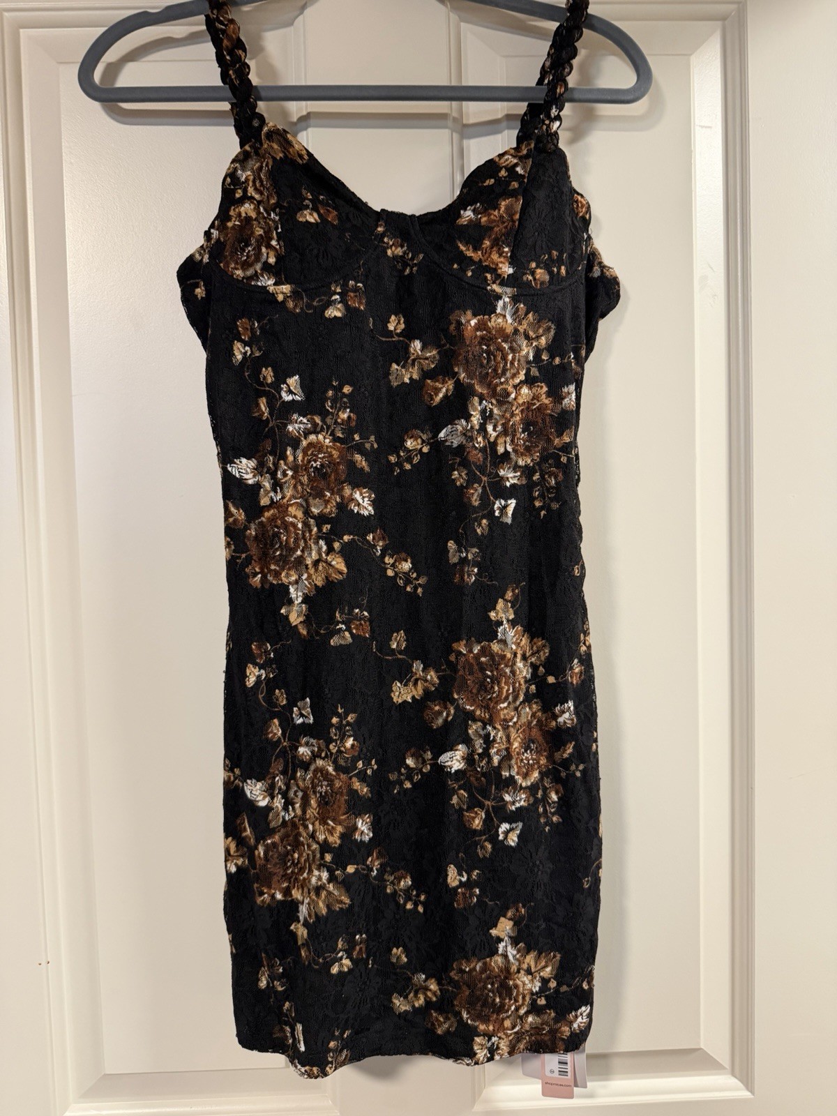 MICAS Dress Black Floral Lace Mini Sleeveless V-Neck Braided Straps Size L