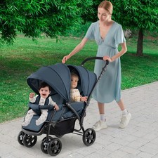 Double Stroller Foldable Twin Tandem Stroller with Adjustable Backrests Blue