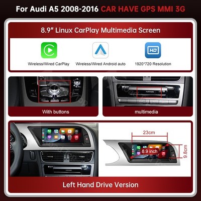 8.9''Wireless Carplay Stereo Touch Screen Retrofit For Audi A5 S5 2008-2016 MMI3G