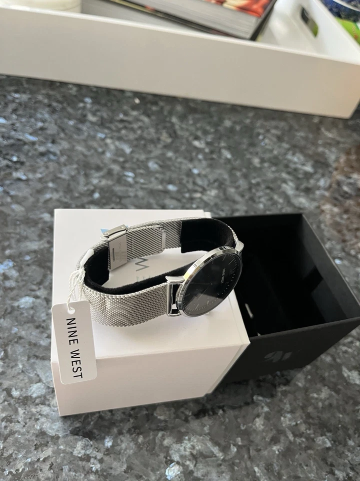 Unisex Nine West Asher Watch New Stainless Mesh Band Black Face Men & Women - Image 2 of 4