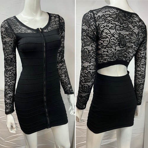 Bebe XS Black Lace Sleeve Zip Front Stretchy Bodycon Cocktail Dress - Picture 2 of 4