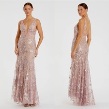 Mac Duggal 67481 Pink Floral Embellished Sleeveless Plunge Neck Gown Size 6