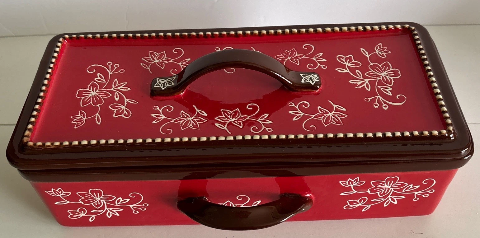 Temptations Presentable Ovenware Loaf Pan With Lid Tray CRANBERRY FLORAL LACE