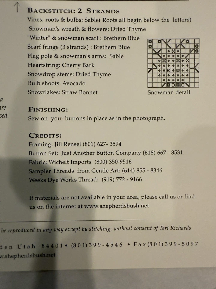 Shepard’s Bush Printworks Cross Stitch Pattern WINTER GARDEN and Buttons - Image 3 of 4