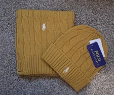 Ralph Lauren Yellow/ White Pony Men Women Scarf and Beanie Hat 2 Piece Set Gift