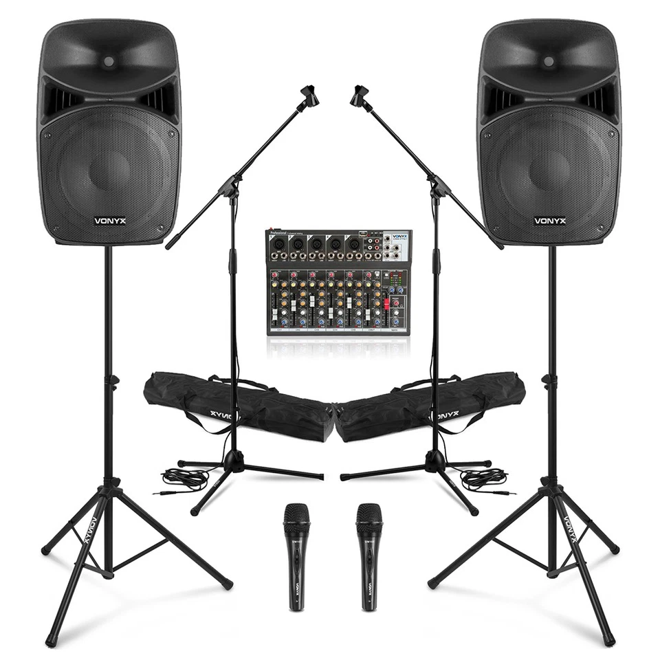 VONYX Complete Active PA System Package - 15" Speakers with Mixer, Microphone & Stands