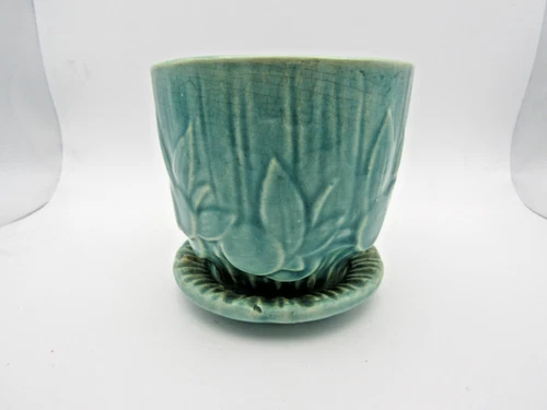 Vintage McCoy Teal "Sand Dollar" Design Planter with Attached Saucer