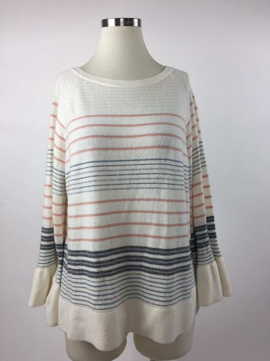 Ann Taylor Loft Ivory Gray Blue Peach Striped Bell Sleeve Sweater