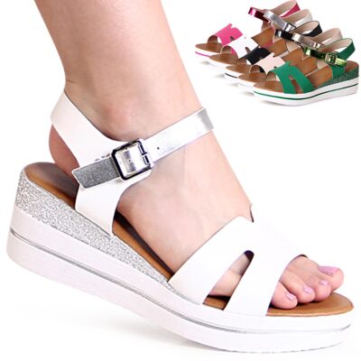 Damen Keilabsatz Sandalen Riemchen Sandaletten Glitzer Keil Pumps Trendy