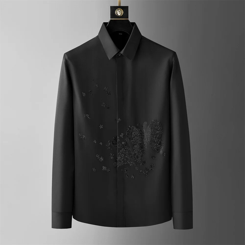 butterfly dress shirt Elegant Men Luxury Butterfly Rhinestones Party Long Sleeve Slim Fit Dress  Shirt