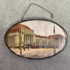 Antique Leipzig Hauptbahnonhof Train Station Germany Print on Board Oval Glass