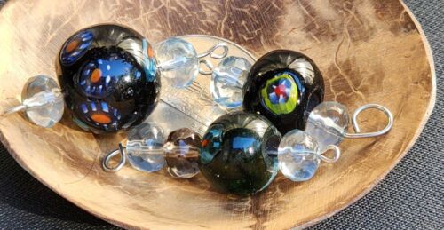 VINTAGE Murano Mosaic Miliefori Glass Bead Drop 3 pieces Black Evil Eye Charms  - Picture 1 of 12