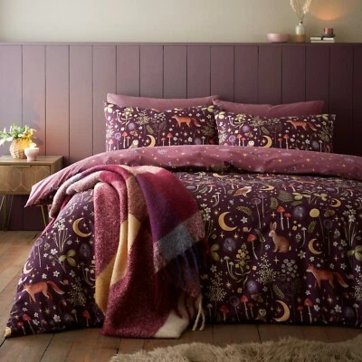 Catherine Lansfield Enchanted Twilight Animals Reverse Duvet Cover Bed Set Plum