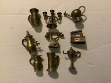LOT OF 9 SOLID BRASS GOLD COLOR DOLLHOUSE MINIATURES Teapot Candelabra Telephone