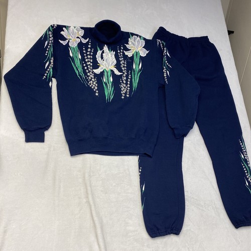 Felpa donna vintage dipinta a mano arte floreale collo tartaruga stile anni 80 90 - Foto 2 di 16