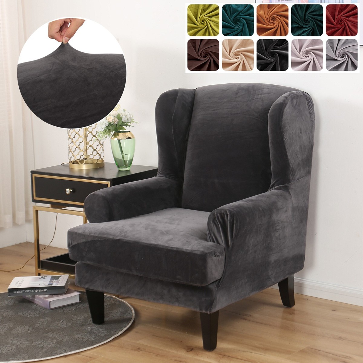Elastic Wing Back Chair Cover Separate 2-Piece Wing Back Arm Chair Slipcover