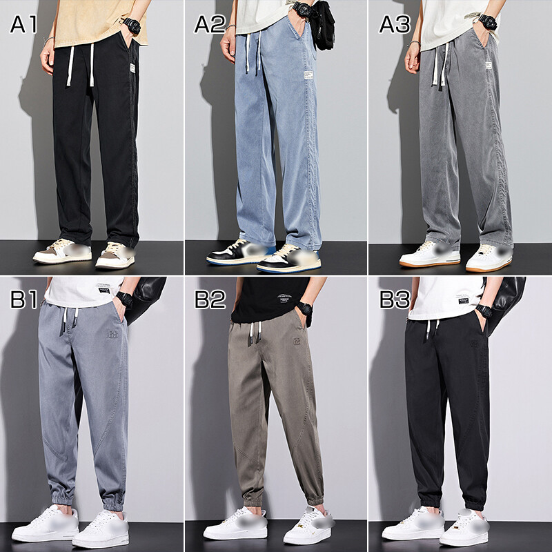 Men Washed Cotton Denim Jeans Thin Loose Straight Pants Elastic