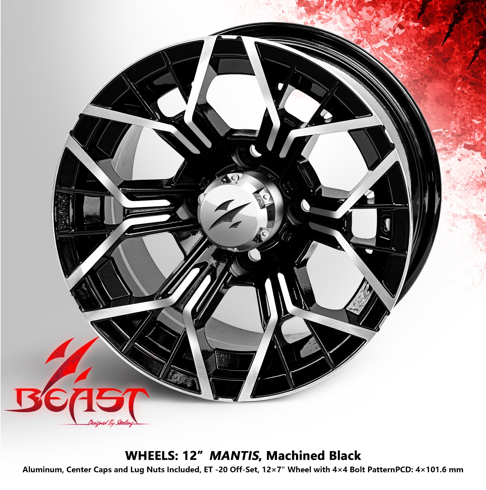 4x GOLF CART 12" MACHINED 'MANTIS' WHEELS and 215/40-12 DOT LOW PROFILE TIRES