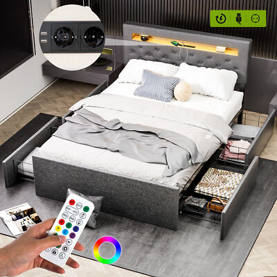 Polsterbett Einzelbett mit LED Doppelbett Jugendbett Stoff Lattenrost OYAJIA 