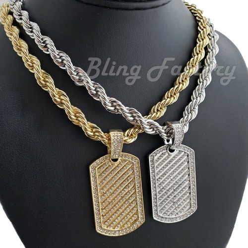 Iced Gold Silver Dog Tag pendant 8mm 