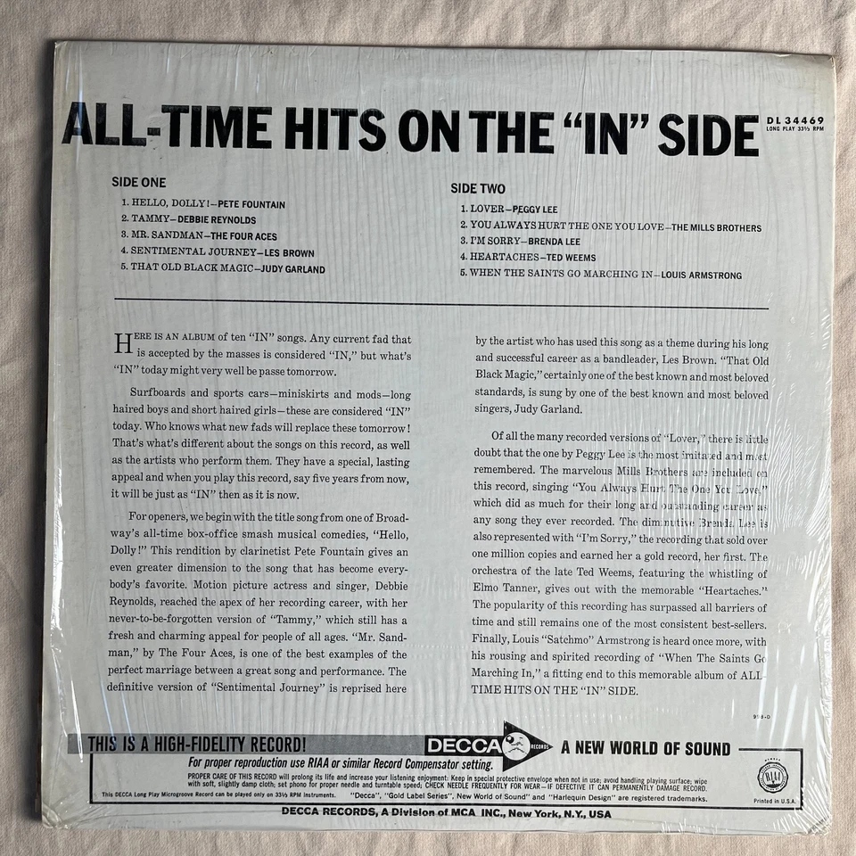 VARIOUS All-Time Hits On The "In" Side 1961 Vinyl LP Decca DL 34469 - VG+ Foto 2 de 4