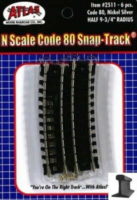 Atlas N Scale ~ New 2024 ~ Code 80 ~ 9.75  Radius 1/2 Curved Track ~ 6 Pcs ~2511