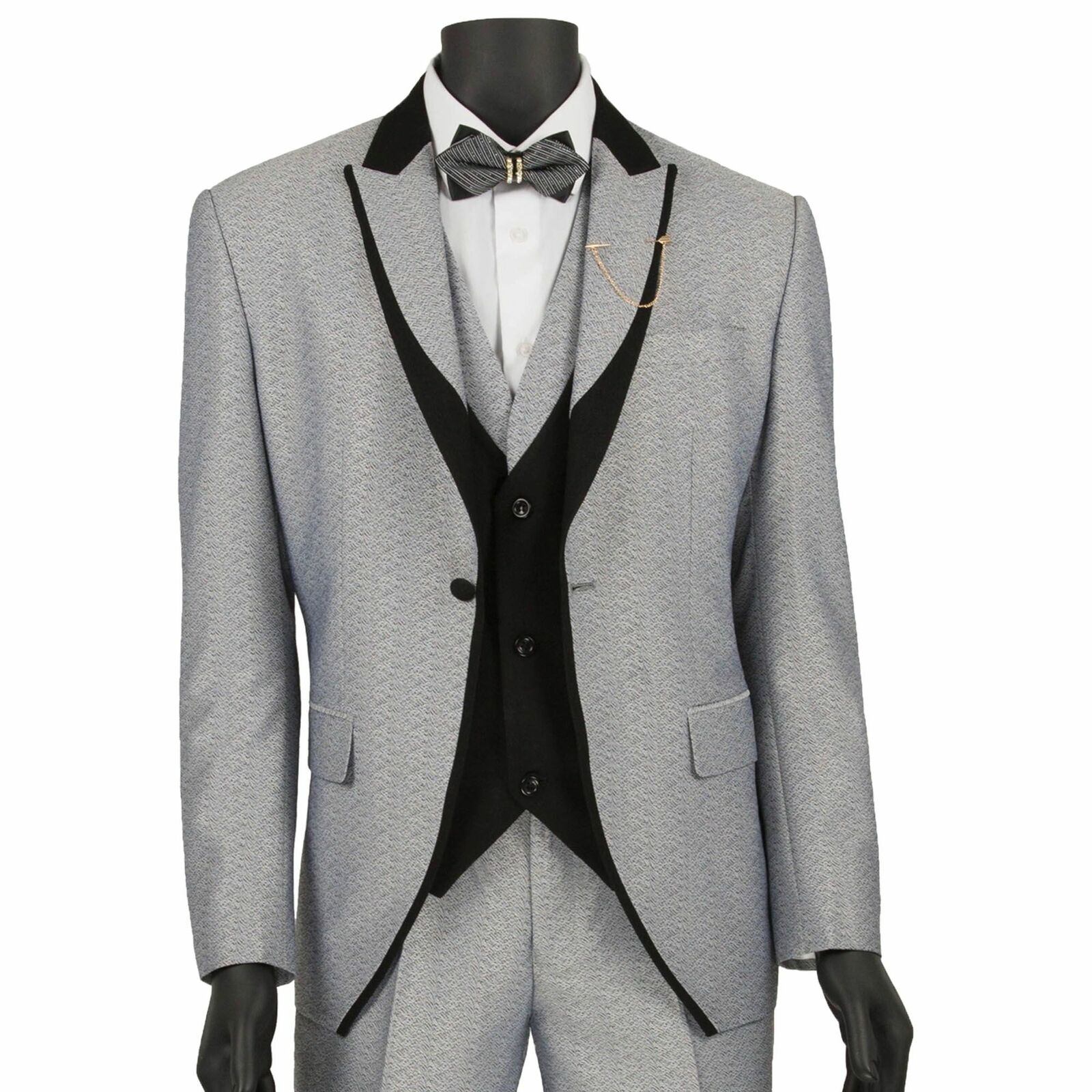 VINCI Men's Silver Textured 3pc Tuxedo Suit w/ Black Lapel & Tri