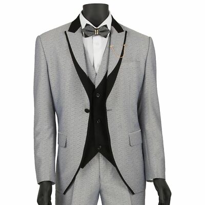 Silver Textured 3pc Tuxedo Suit 