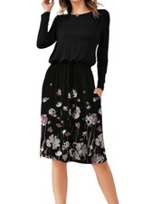 Black Floral Womens Midi Dress With Drawstring Waist Size Med Career Dinner