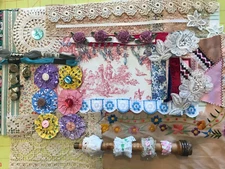 Slow Stitch Kit Pack Shabby Vtg Fabric Lace Floss Scrap Button YoYos Craft 50 Pc