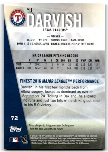 2017 Finest Refractor Blue Yu Darvish 030/150 Texas Rangers #72 - Picture 2 of 2