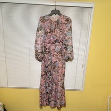 Eliza J Size 2 Pink Floral Sequin Puff Long Sleeve Round Neck Midi Dress