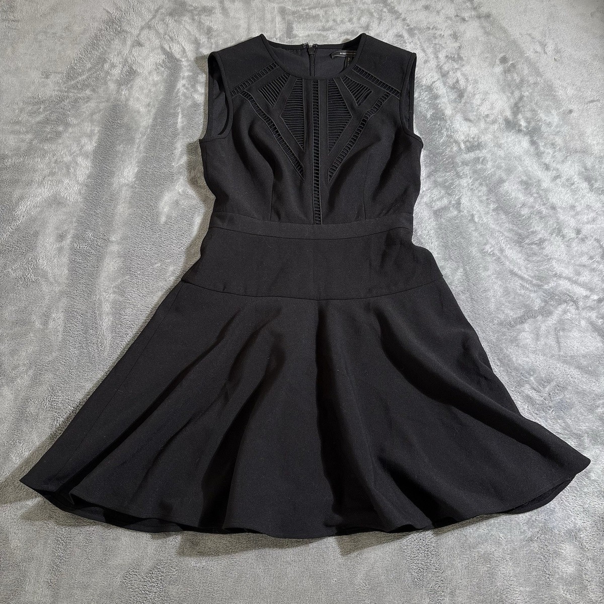 bcbg a line dress Maxazria Aynn Black Cut Out Fit & Flare A-Line 4 Organic Cotton Jersey Midi teen prom Long blouson sleeves Color:Black/Gold
