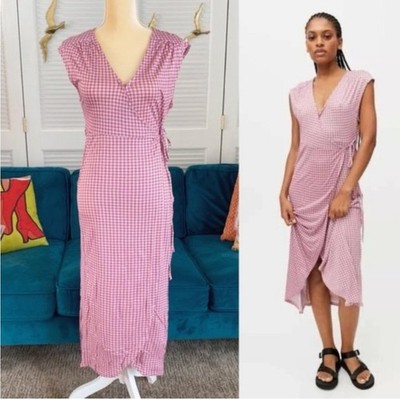 C30 Urban Outfitters Zina Wrap Midi Dress Pink Check Checkered Light Airy M