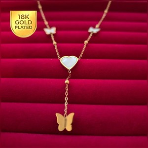 Authentic Cute 18K Gold Plated Heart & Butterfly Pendant Necklace - White and Gold B003