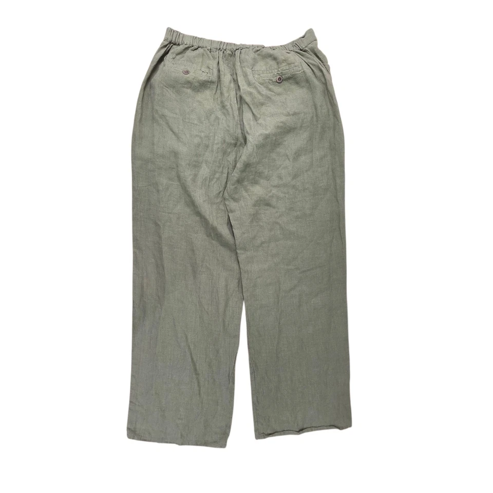 Flax Linen Pants Zipper Elastic Back Lagenlook Size Large Green Trouser Wide Leg - Image 2 of 4