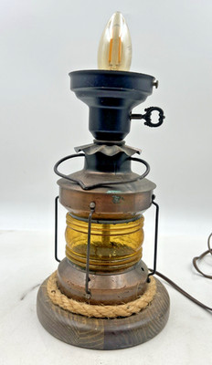 VTG Nautical Anchor Oil Lantern Copper Wood Converted to Table Lamp