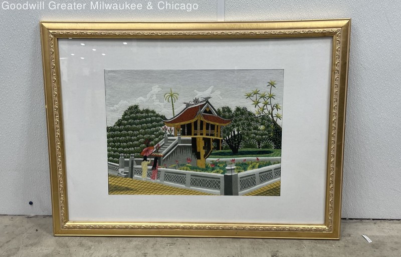 Vintage Asian Themed Traditional Pavillion Scene Gold Framed