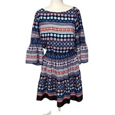 Eliza J Geometric Dress Bell Sleeves Fit Flare Blue Multi Women Size 12
