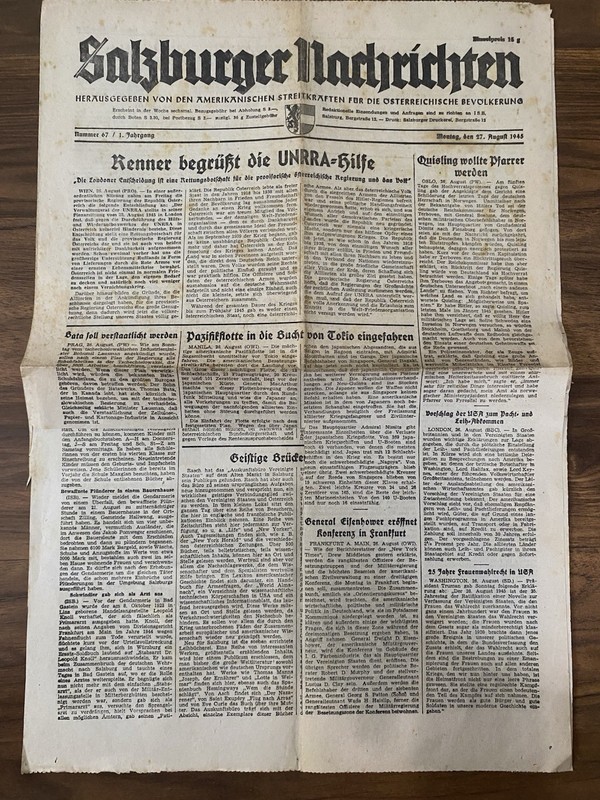 Newspaper: Salzburger Nachrichten, August 27, 1945 (3-Page Set)