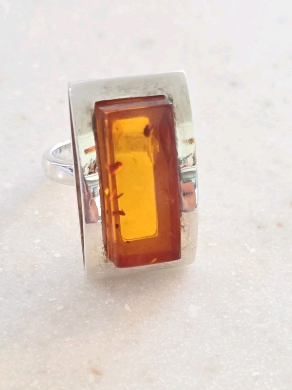 Large  Signed Amber PB 925 Sterling Silver Modernist Ring Statement Sz 7.75