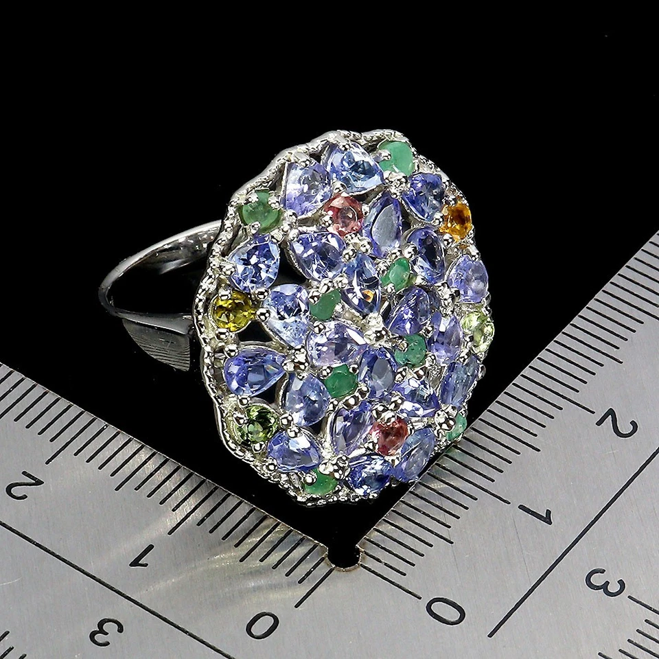 925 Sterlingsilber Ring Birne Tansanit Smaragd Turmalin Edelstein Schmuck Sz 8 - Bild 3 von 4