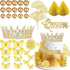 33Pcs Gold Crown Cake Topper Butterfly Cake Decorations with Gold Happy Birthday