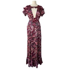 For Love and Lemons Flora Maxi Dress In Berry Floral Side Slit Plunging Neck