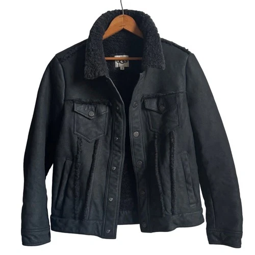 UGG Clint Men's Black Suede Lambskin Leather Shearling Trucker Jacket Coat M image 3