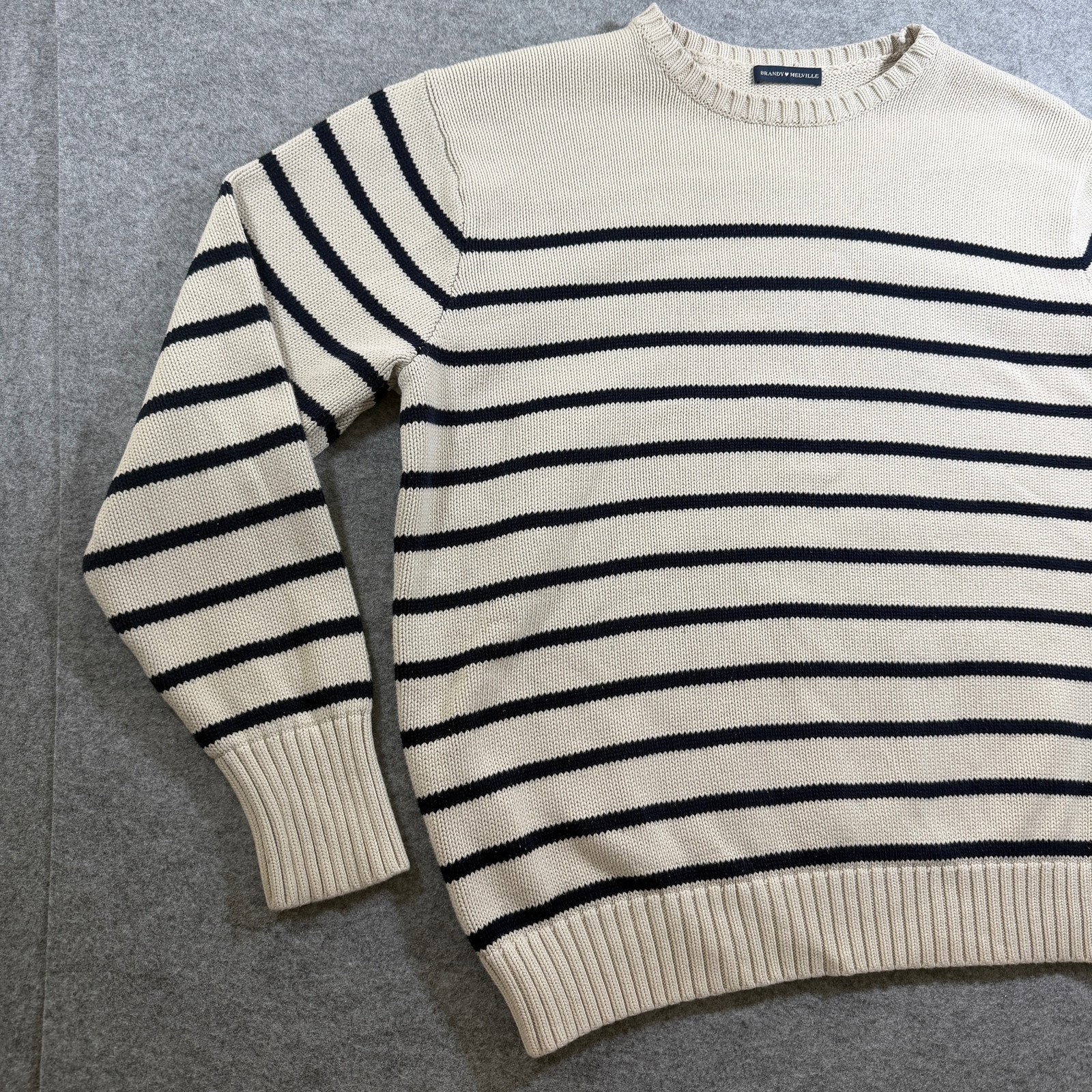 Brandy Melville Sweater Womens Cream Navy Striped Cotton Crew Neck Relaxed Fit thumbnail 10