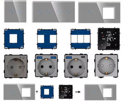 Glas Lichtschalter, Steckdose, Wechselschalter, Dimmer, USB, uvm.