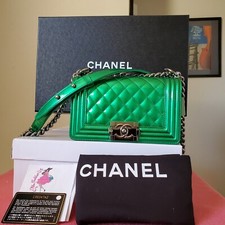 $6400  Chanel boy Metalic Green patent  Small Chain silver hw Flap Bag