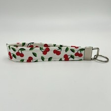 Handmade White Cherry Fabric Keychain Wristlet, Key Fob Lanyard