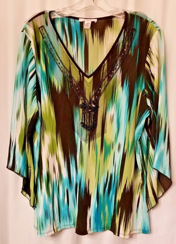 Women's Tunic Top Beaded Size 2X Vertical Geometric Dress Barn Net Accent